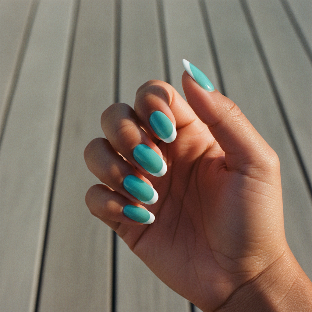 Turquoise Sea-glass Long Oval Nails With Clean White French Tip