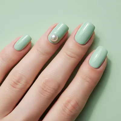 Mint Pastel-green Short Squoval Nails With Single Pearl 3D Accent on t