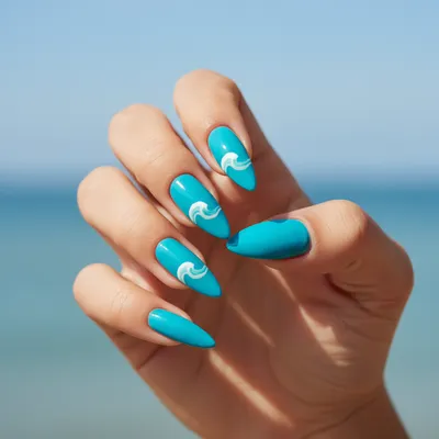 Electric Turquoise Long Stiletto Nails With Hand-painted Tiny White wa
