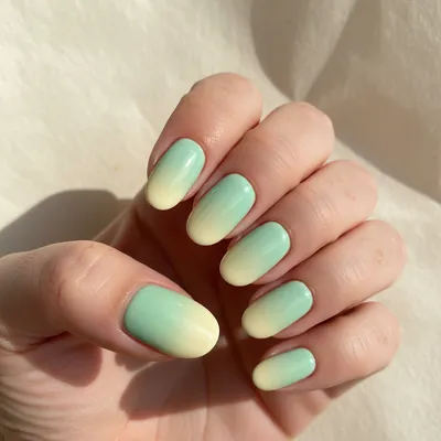 Mint-green-to-pale-yellow Ombré Long Oval Nails