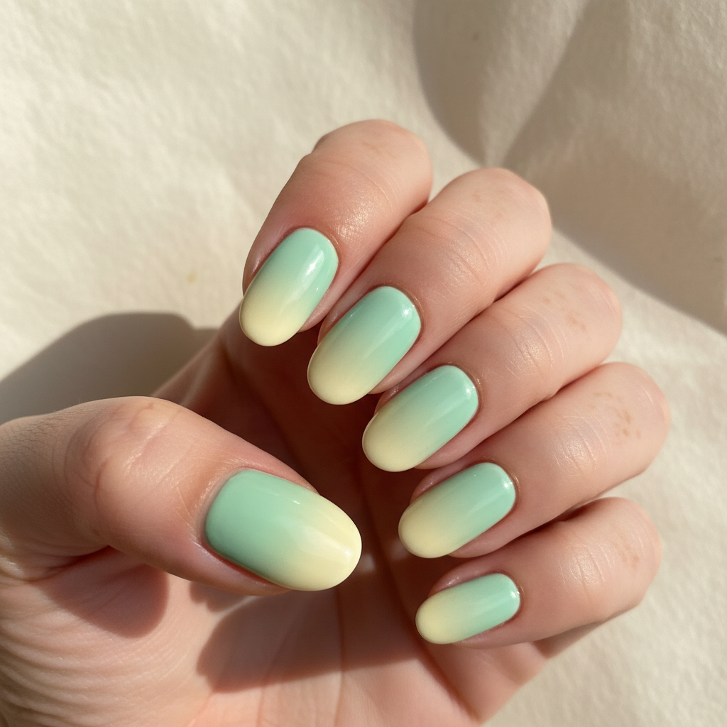 Mint-green-to-pale-yellow Ombré Long Oval Nails