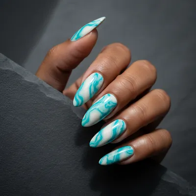 Turquoise Marble Swirl-veining Long Almond Nails