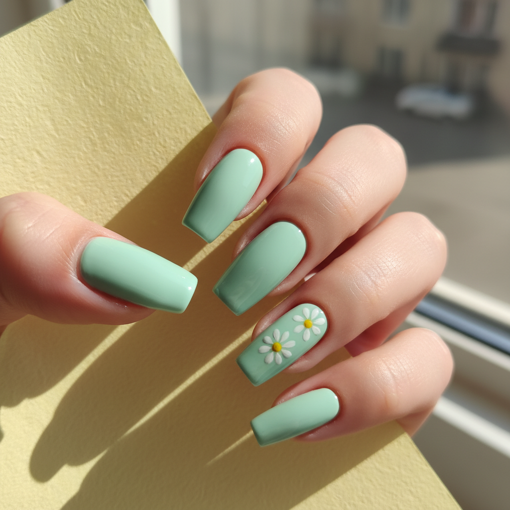 Mint Pastel-green Long Coffin Nails With Hand-painted Tiny Floral Whit