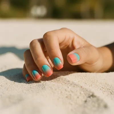 Turquoise-and-coral Ombré Short Squoval Nails