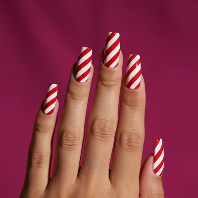 Long Red Diagonal-stripe Coffin Nails — Bold Candy-cane Stripes on Glo