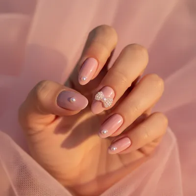Pastel-pink Coquette Short Almond Nails With Single 3D Bow on The Ring