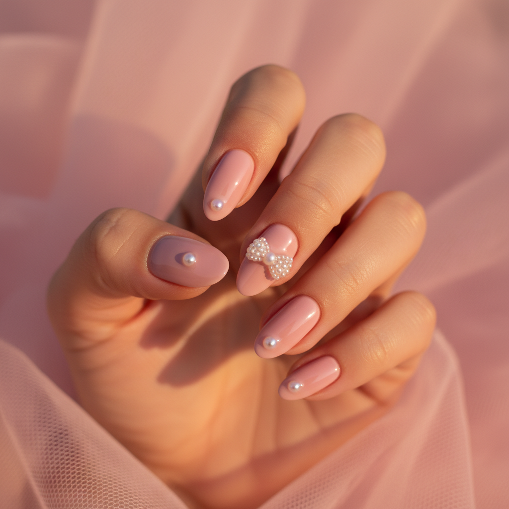 Pastel-pink Coquette Short Almond Nails With Single 3D Bow on The Ring