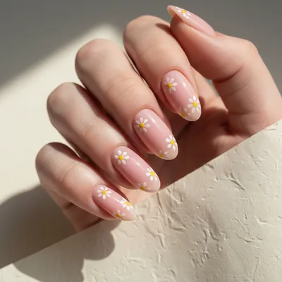 Pastel-pink Milky Long Oval Nails With Hand-painted Tiny Floral White