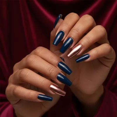 Navy Long Coffin Nails With Rose-gold-chrome Accent Finger