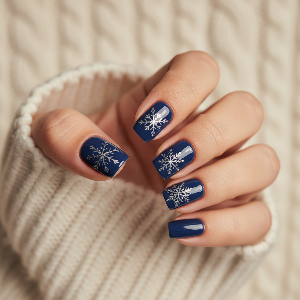 Navy Short Squoval Nails With Hand-painted Micro Silver-foil Snowflake