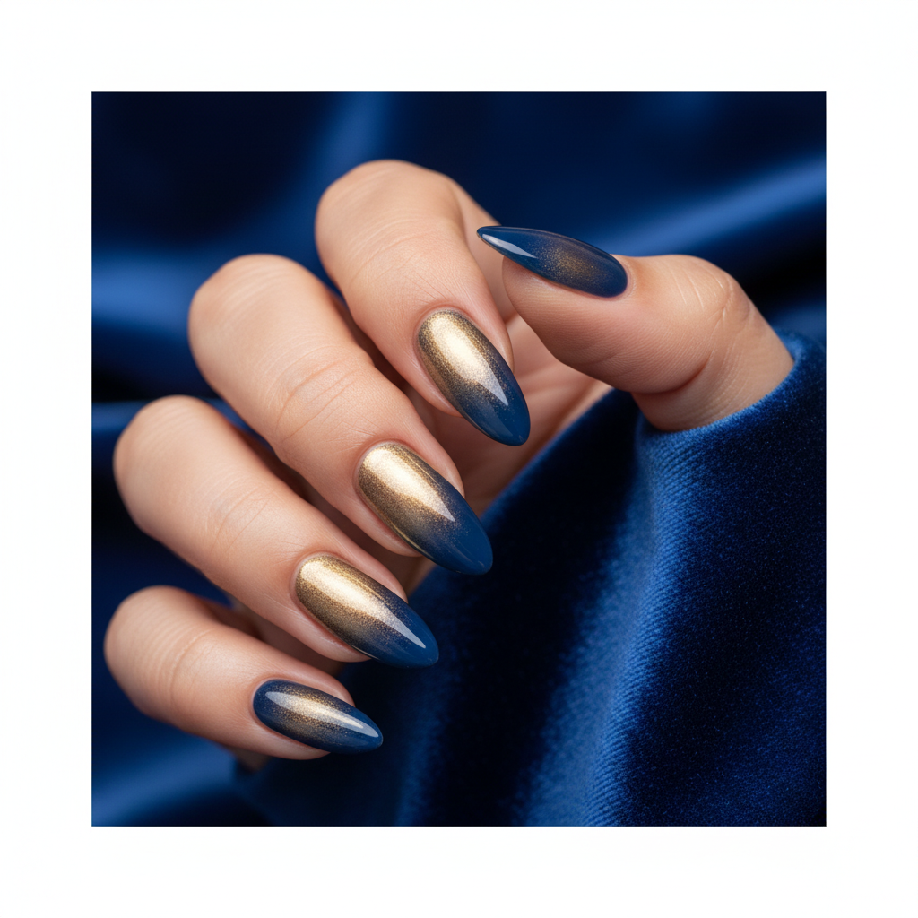 Navy-and-gold Ombré Long Almond Nails
