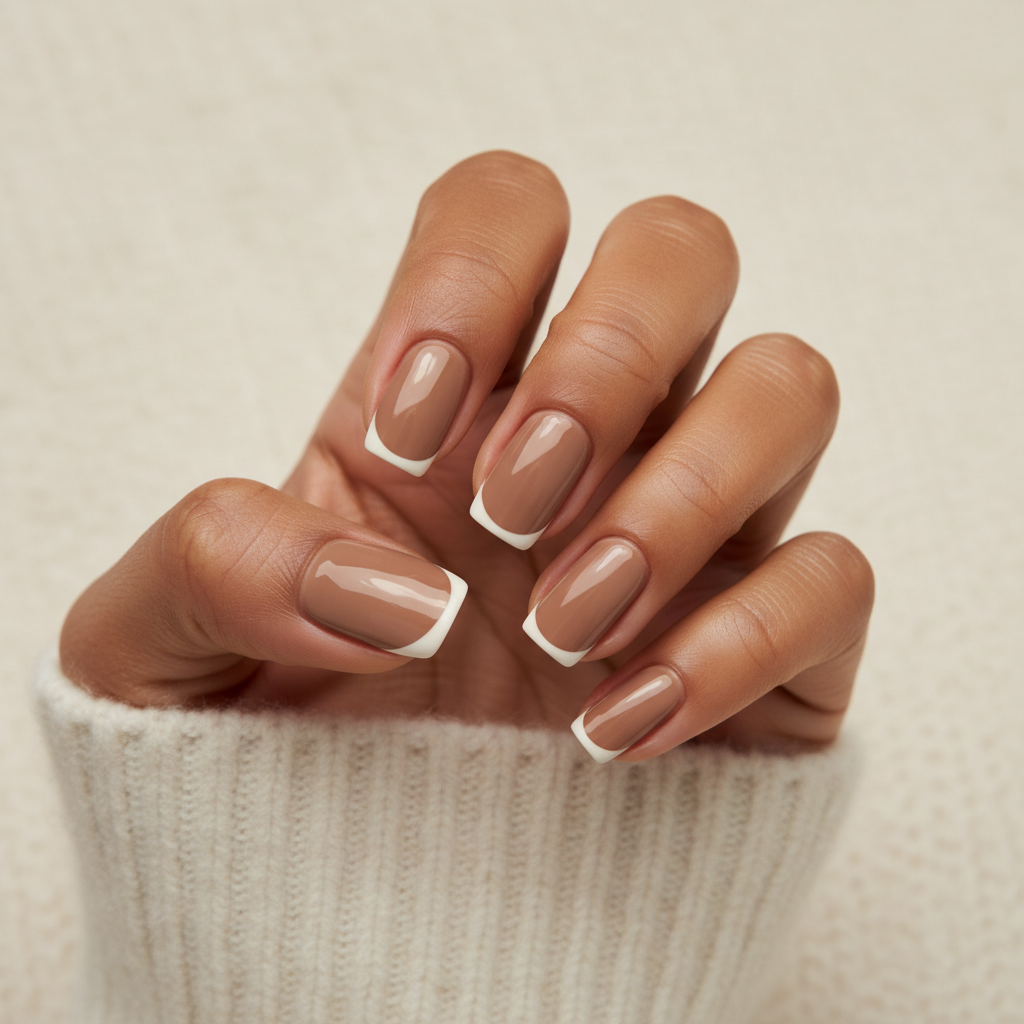 Beige Tonal Warm-taupe Short Squoval Nails With Fine Cream Micro-frenc