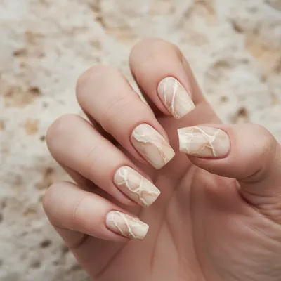 Beige-and-cream Marble Veining Short Squoval Nails