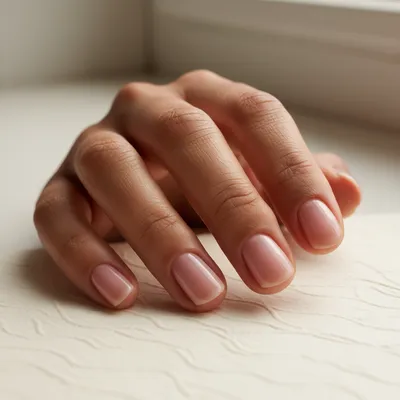 Round Short Nails in Sheer Milky-pink Natural-curve Fingertip-followin
