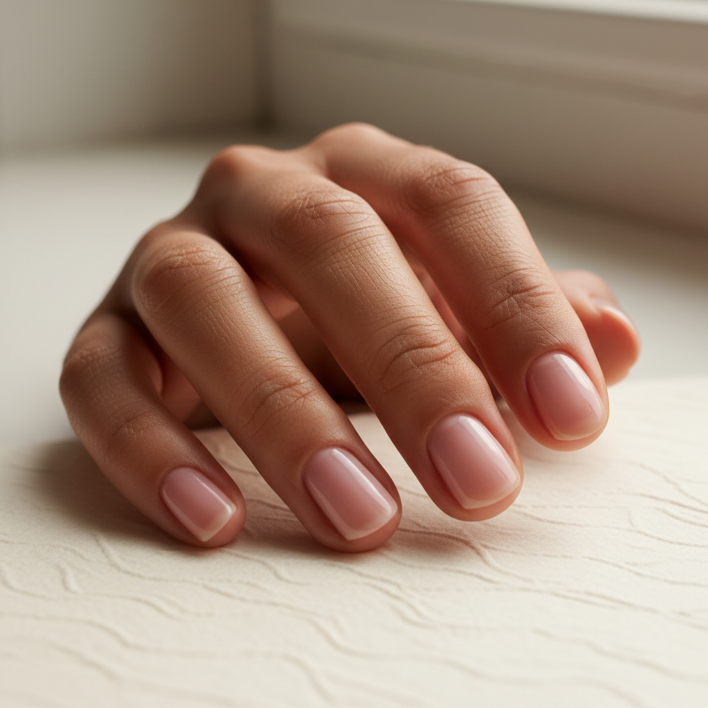 Round Short Nails in Sheer Milky-pink Natural-curve Fingertip-followin