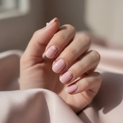 Round Short Natural Nails in Soft Pastel-pink Coquette Finish With Sin