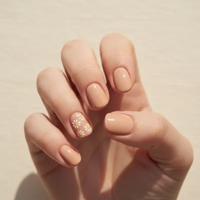 Round Short Nails in Warm Nude With Hand-painted Tiny Floral Micro Dai