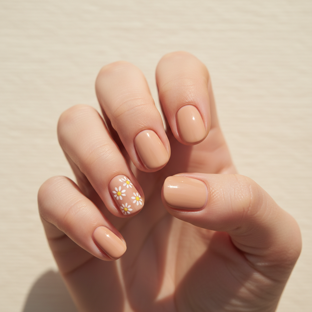 Round Short Nails in Warm Nude With Hand-painted Tiny Floral Micro Dai