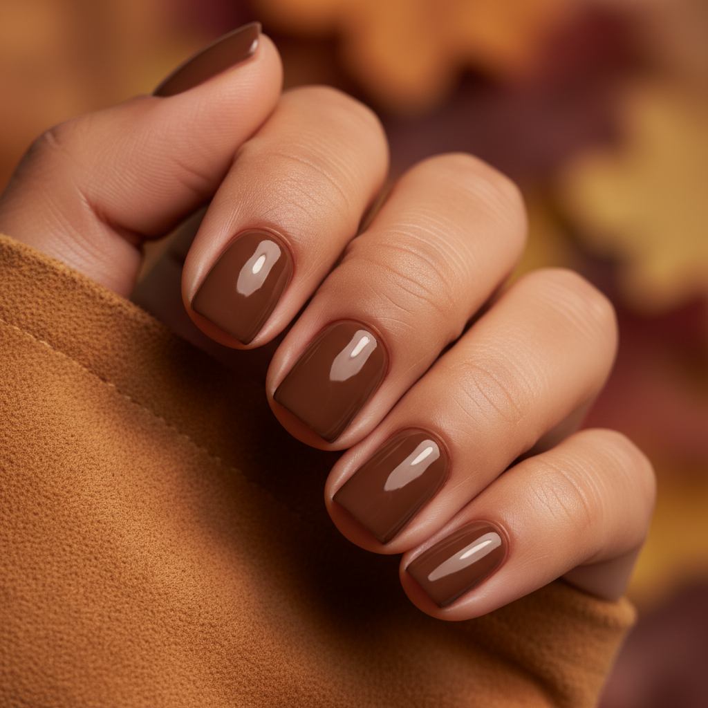 Round Short Natural-shape Nails in Glossy Chocolate Brown