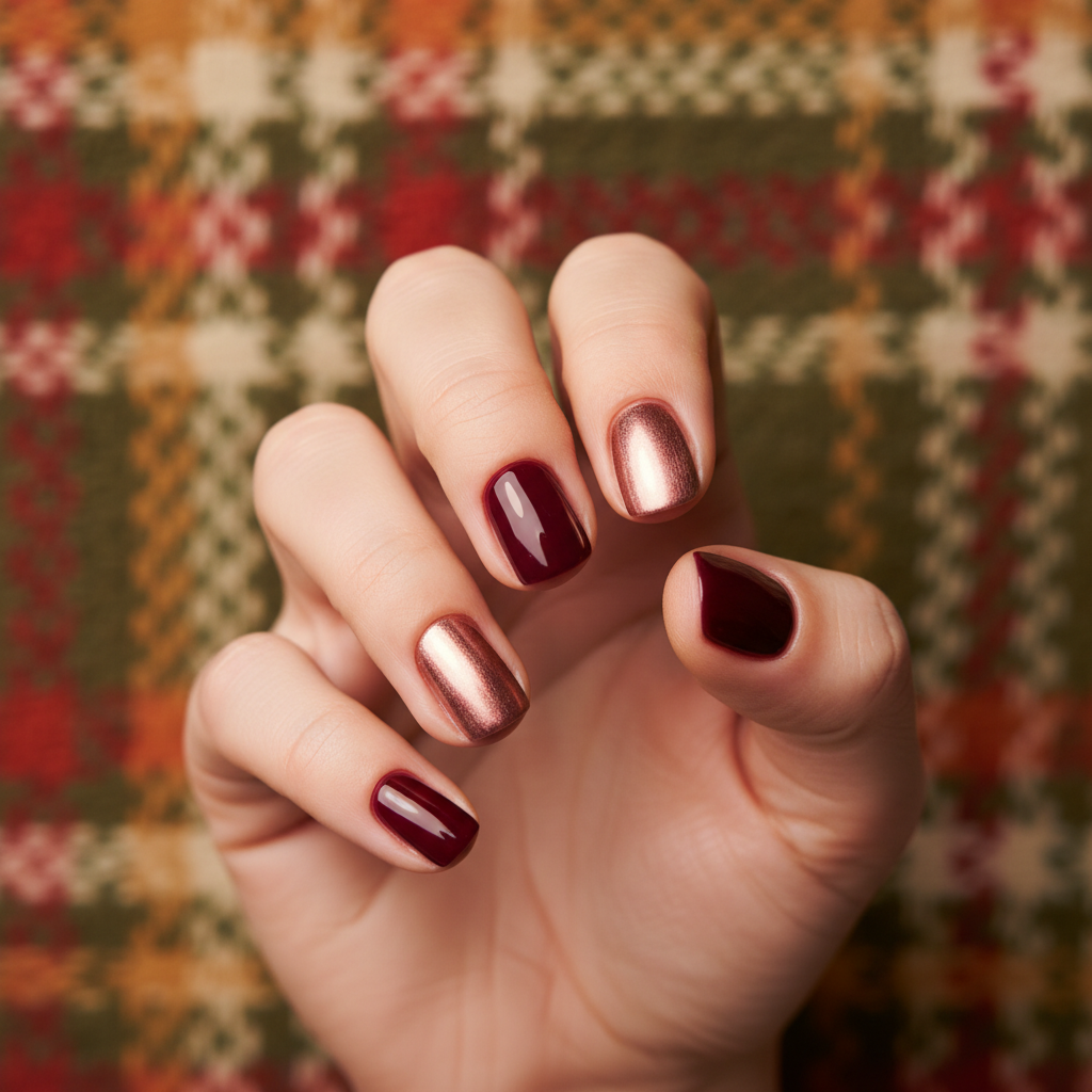 Round Short Nails in Deep Burgundy Wine With Rose-gold-chrome Accent f