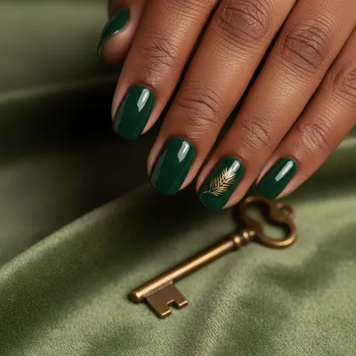 Round Short Natural-shape Nails in Glossy Hunter Green With Hand-paint