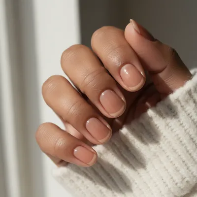 Round Short Nails in Sheer Warm Taupe Beige With Tonal Micro-french cl