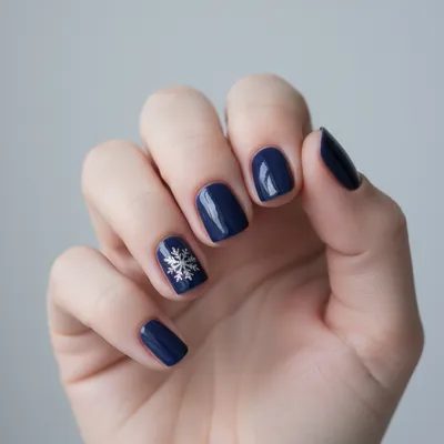 Round Short Nails in Glossy Navy Blue With Hand-painted Tiny Silver-fo