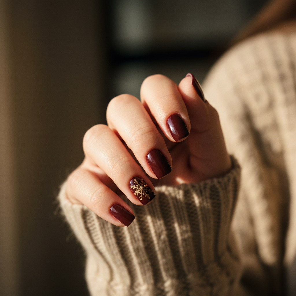 Square Short Nails in Glossy Oxblood Matte With Hand-painted Gold-foil