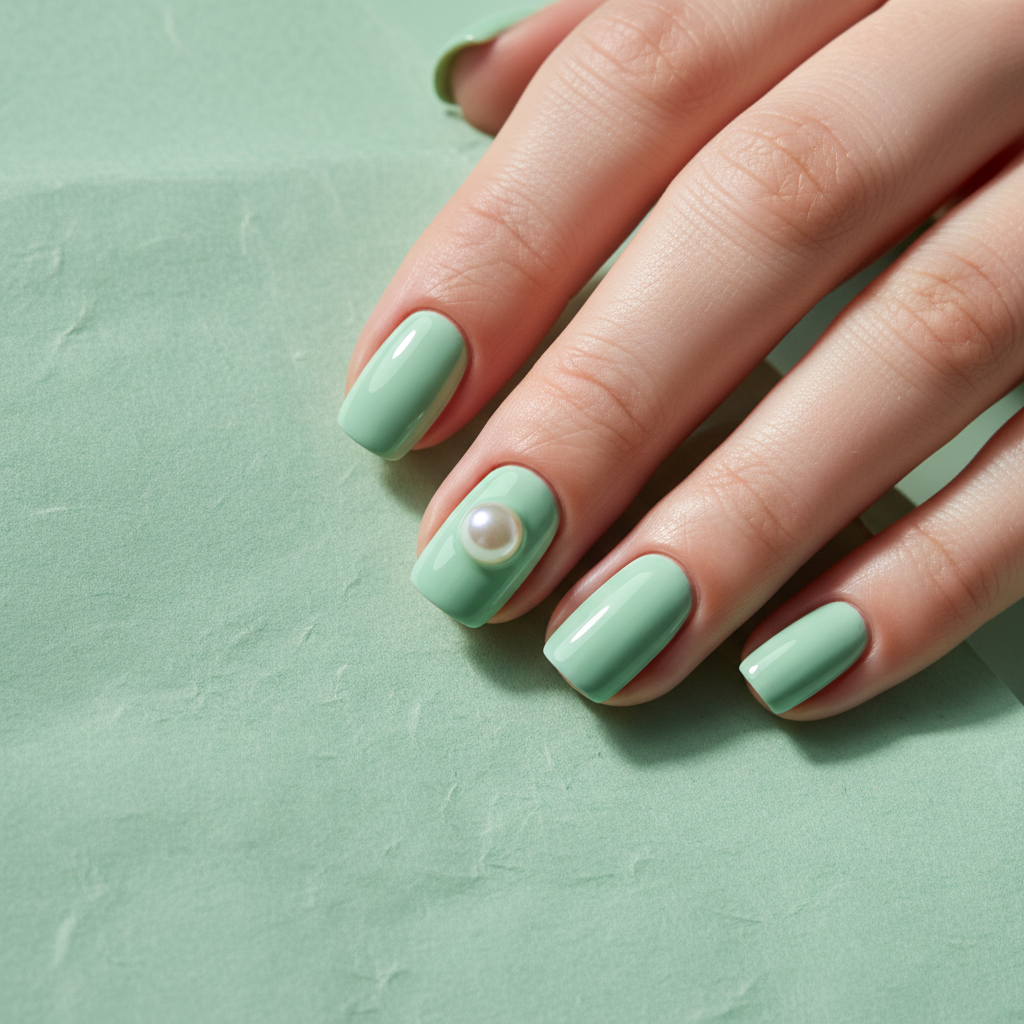 Square Short Nails in Mint Pastel-green With Single Pearl 3D Accent on