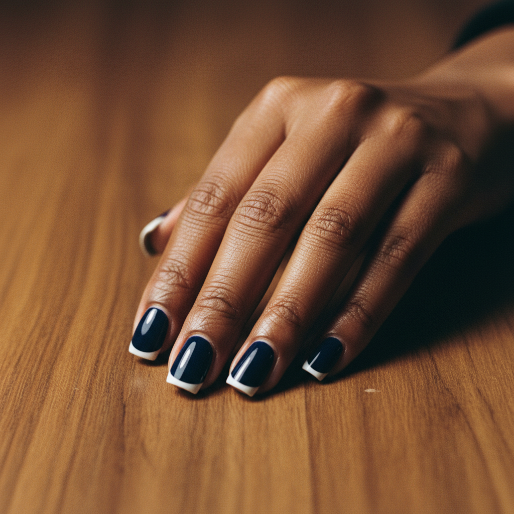 Square Short Nails in Deep Navy Blue With Hand-painted Tiny White Micr