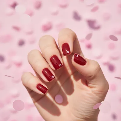 Square Short Nails in Glossy Cherry Red With Hand-painted Tiny White h