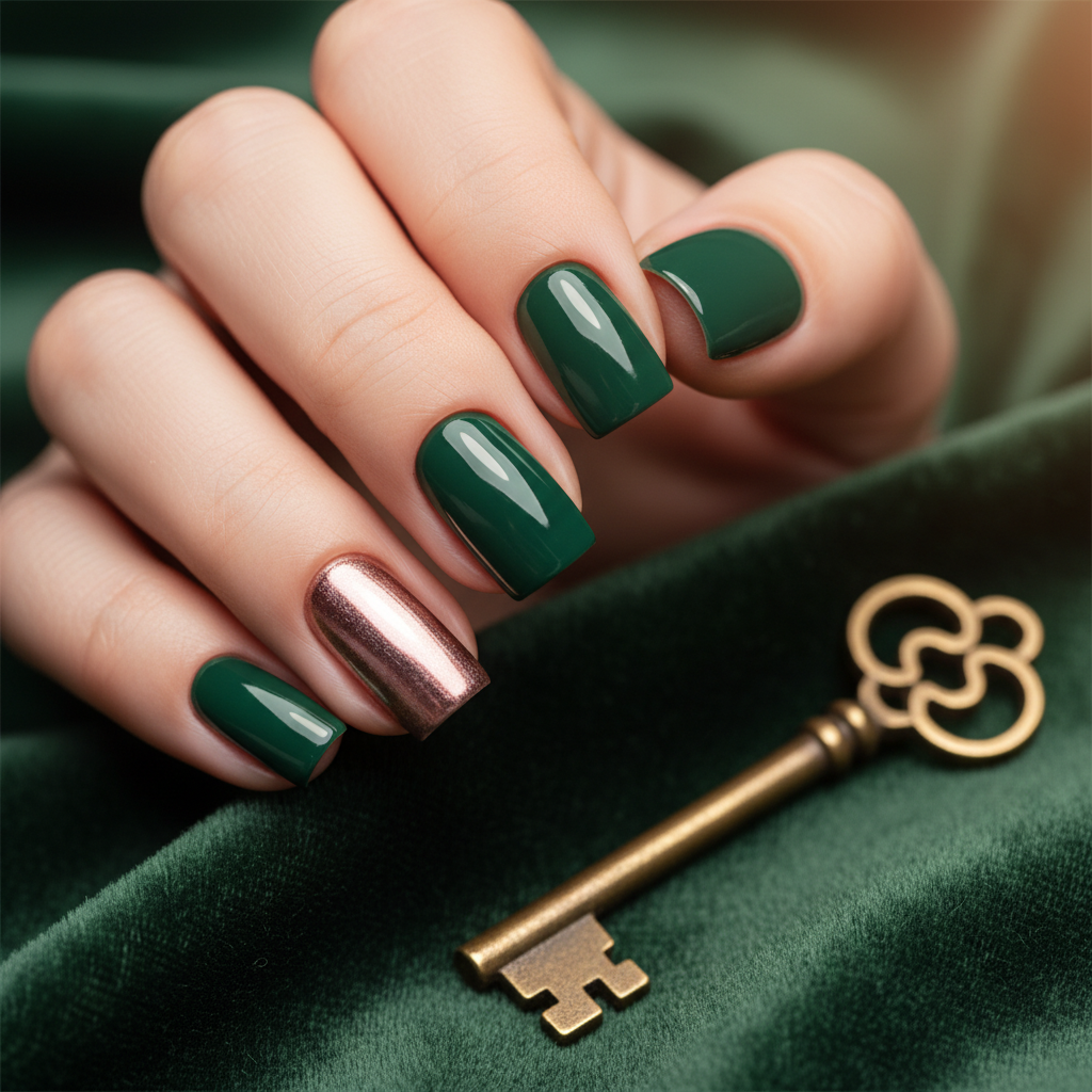 Square Short Nails in Glossy Hunter Green With Rose-gold-chrome Accent