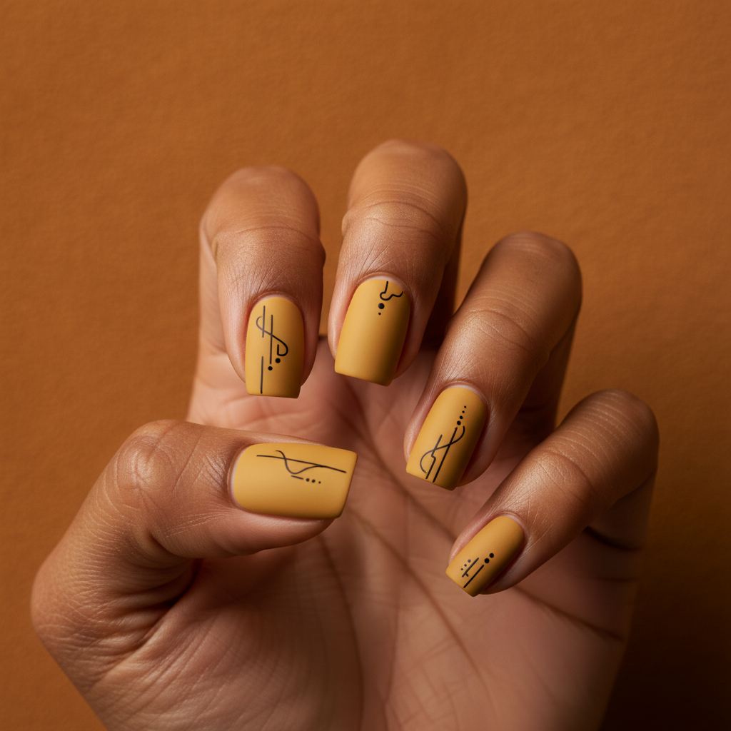 Square Short Nails in Mustard Yellow Matte With Tiny Black Abstract li