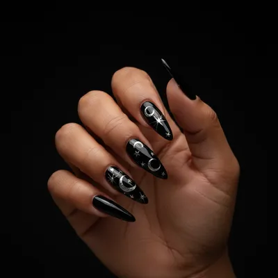 Stiletto Extra-long Nails in Glossy Black With Hand-painted Micro Silv