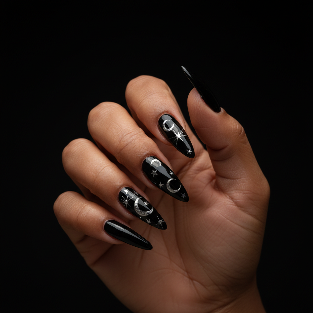 Stiletto Extra-long Nails in Glossy Black With Hand-painted Micro Silv