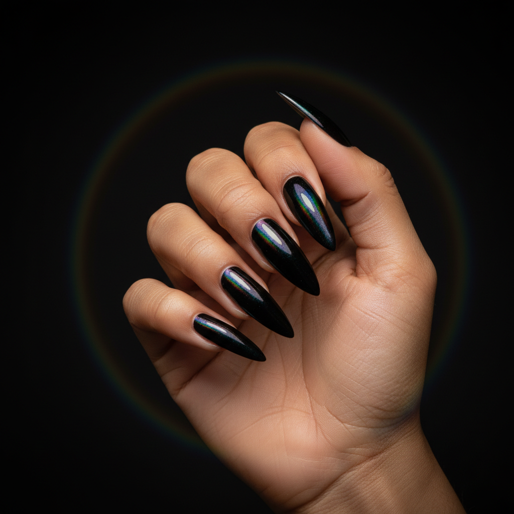 Extra-long Stiletto Nails in Holographic Prismatic Rainbow Shift Over