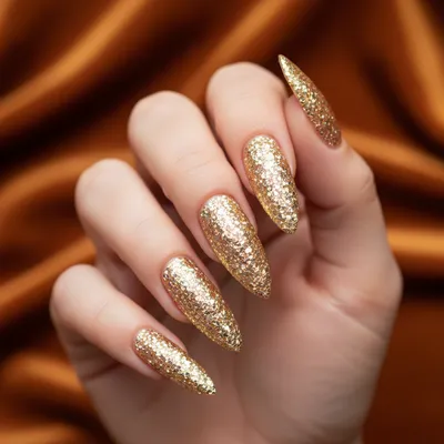 Extra-long Stiletto Nails in Glitter-bomb Full-coverage Champagne-gold