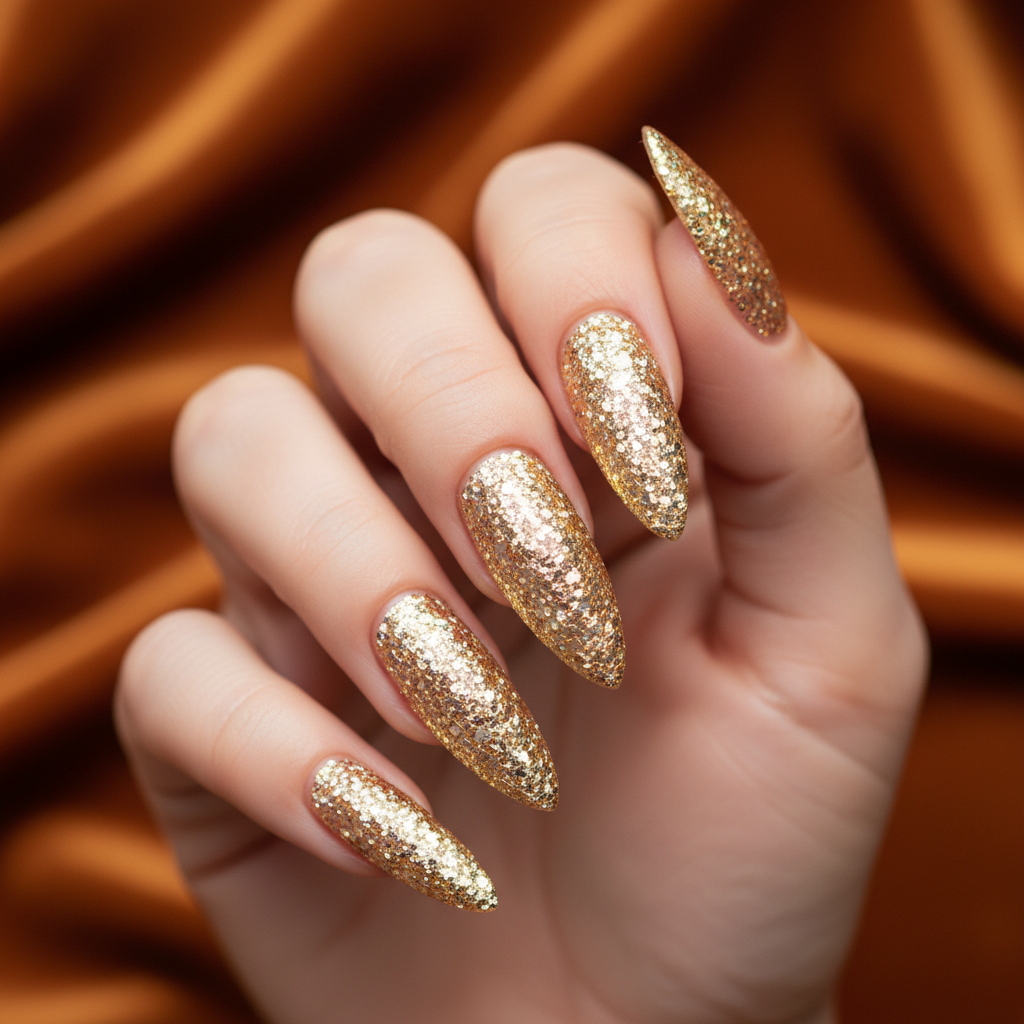 Extra-long Stiletto Nails in Glitter-bomb Full-coverage Champagne-gold