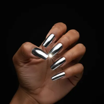 Extra-long Coffin Nails in Glossy Chrome Silver