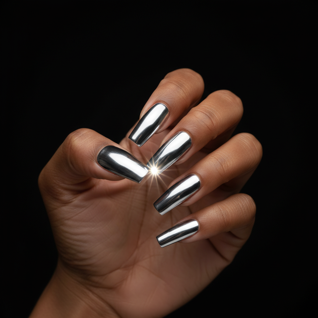Extra-long Coffin Nails in Glossy Chrome Silver