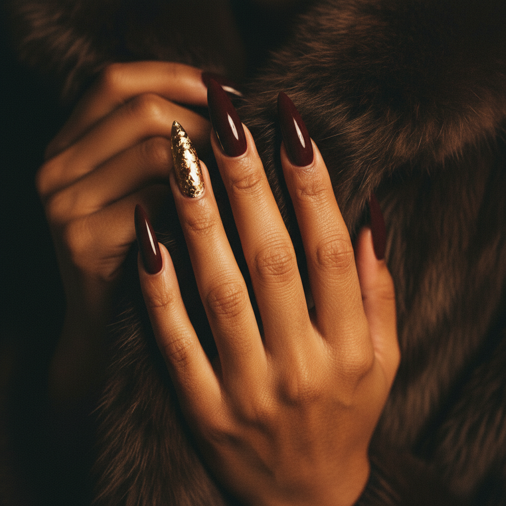 Extra-long Stiletto Nails in Mob-wife Dark Oxblood With Single Gold-fo