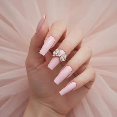 Extra-long Coffin Nails in Pastel-pink Milky With Rhinestone-pearl 3D