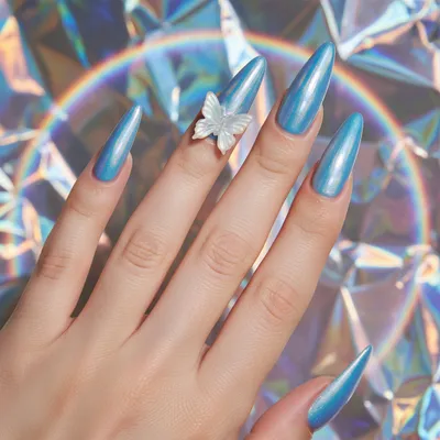 Extra-long Stiletto Nails in Y2k Holographic Baby-blue Base With Sculp