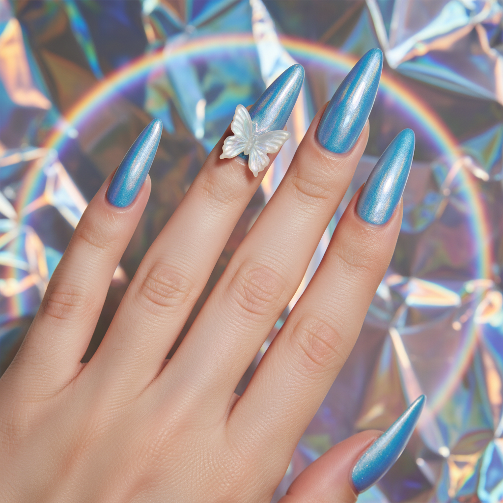 Extra-long Stiletto Nails in Y2k Holographic Baby-blue Base With Sculp