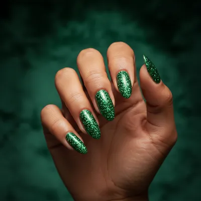 Emerald-glitter Almond Nails — Dense Jewel-green Flake