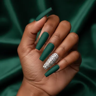 Extra-long Coffin Nails in Deep Emerald-green Glamour Matte With Rhine