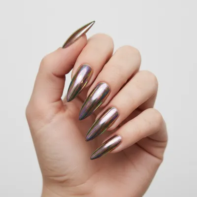 Extra-long Stiletto Nails in Chrome Rainbow Holographic