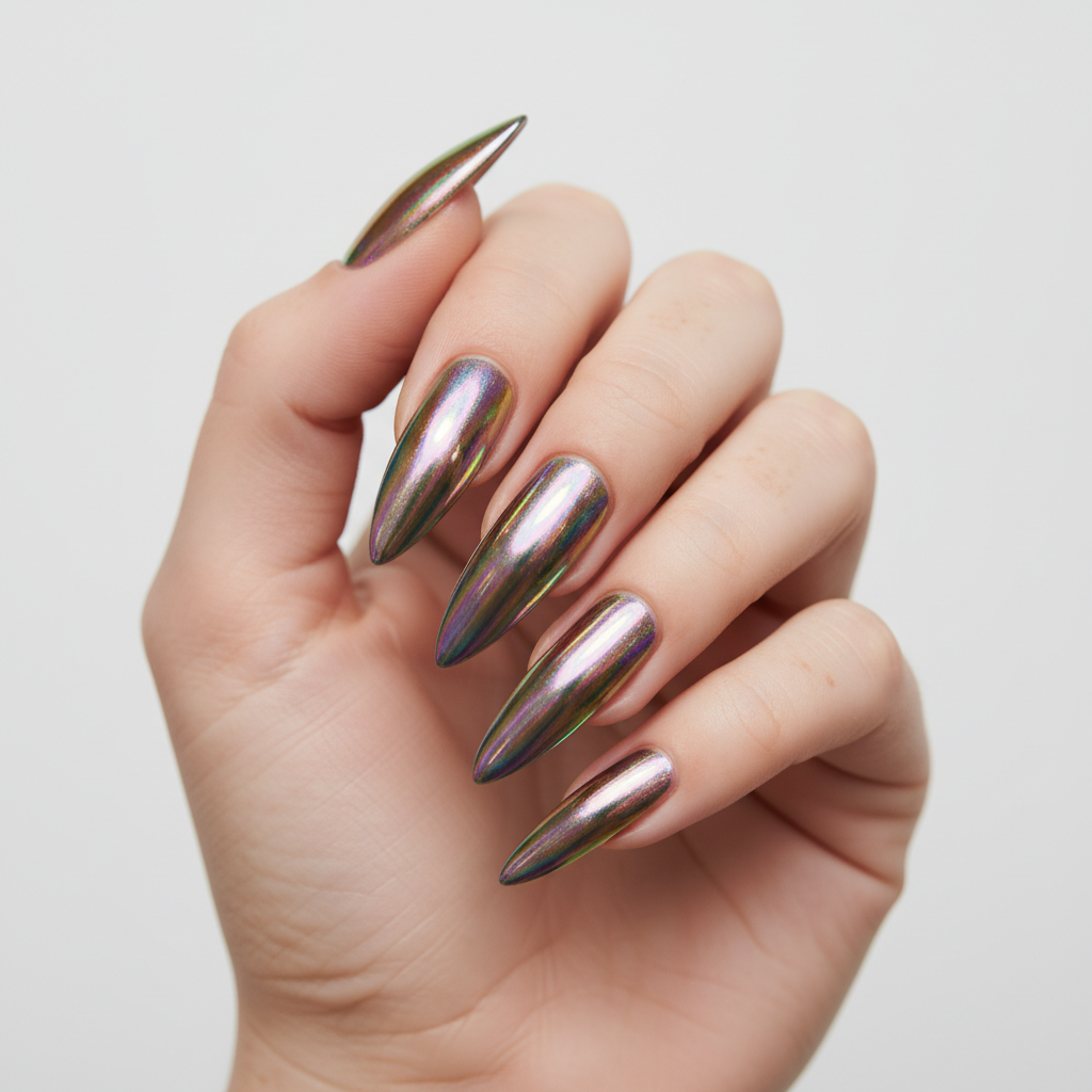 Extra-long Stiletto Nails in Chrome Rainbow Holographic