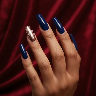 Extra-long Coffin Nails in Glossy Navy Blue With Rose-gold-chrome Acce