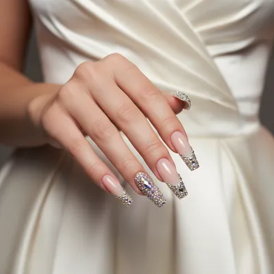 Extra-long Stiletto Nails in Glamour-rhinestone French Long Tip Over a
